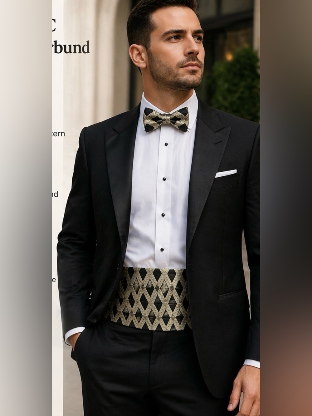 VTG Fumagalli’s Cummerbund & Bow Tie Set Gold Black Geometric Silk Formal Tux
